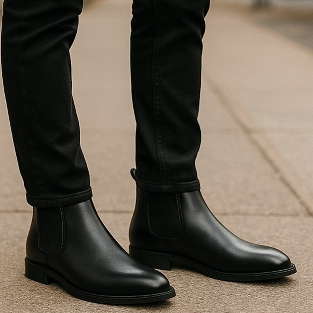NWT ~ Men's Classic Business Black Faux Leather Chelsea Ankle Boots (45) 11 1/2
